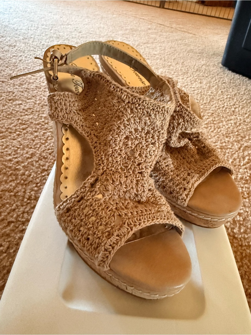 Lulu Townsend Tan Crochet Wedge Sandals